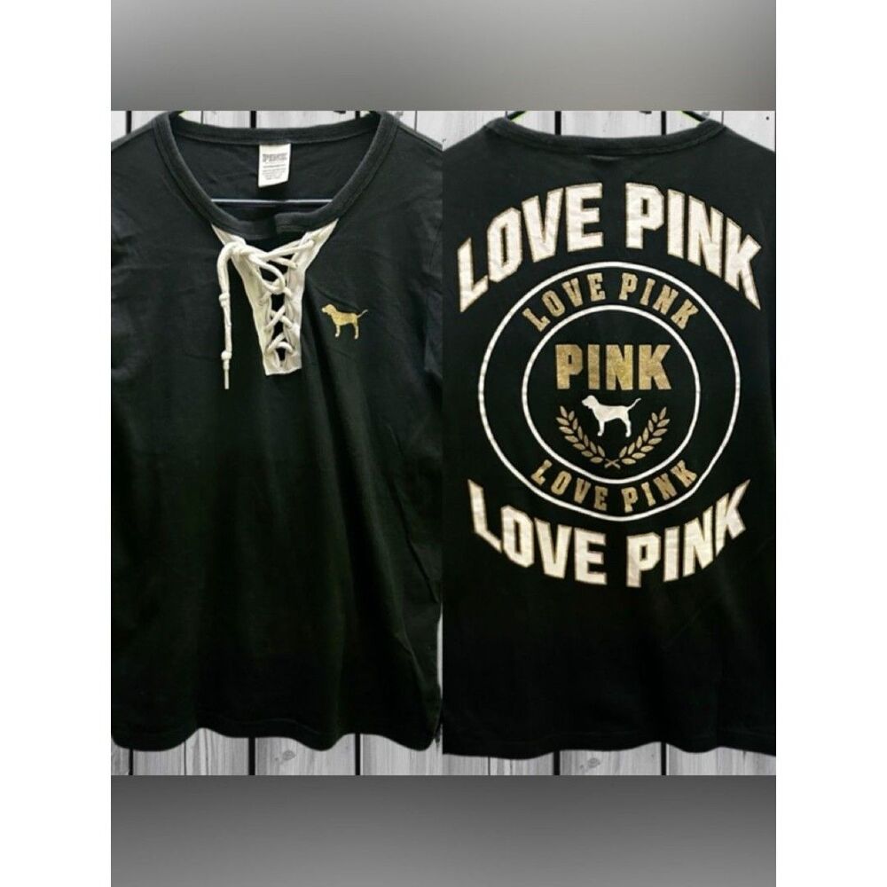 PINK Victoria's Secret Black Lace-Up Short Sleeve Tee with Gold Dog Logo XS